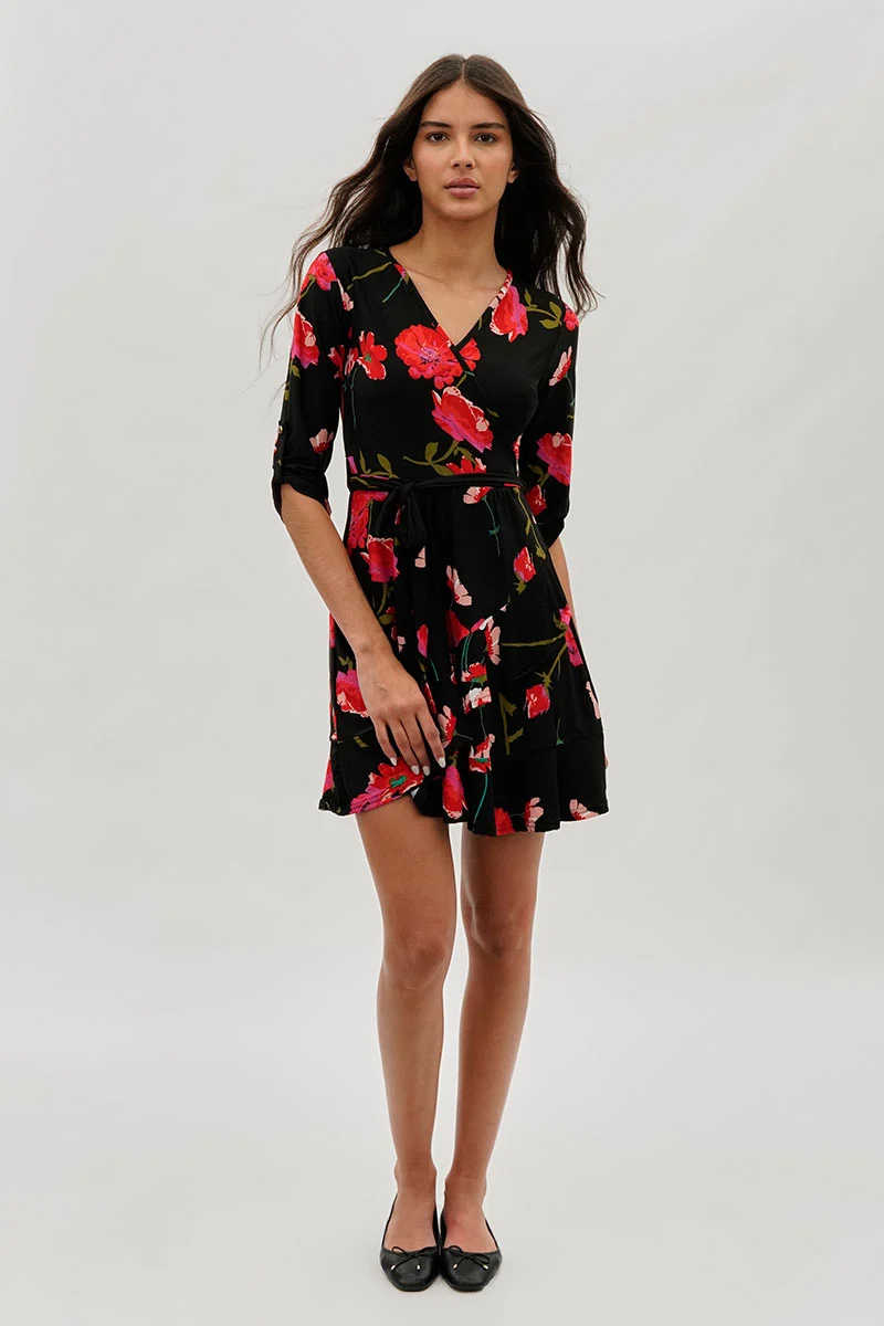 Belted Floral Day Dress - Black - Image 5