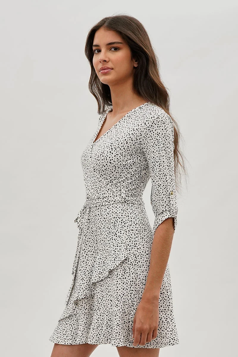 Belted Polka Dot Print Day Dress - White - Image 2