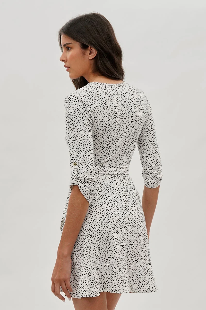 Belted Polka Dot Print Day Dress - White - Image 3