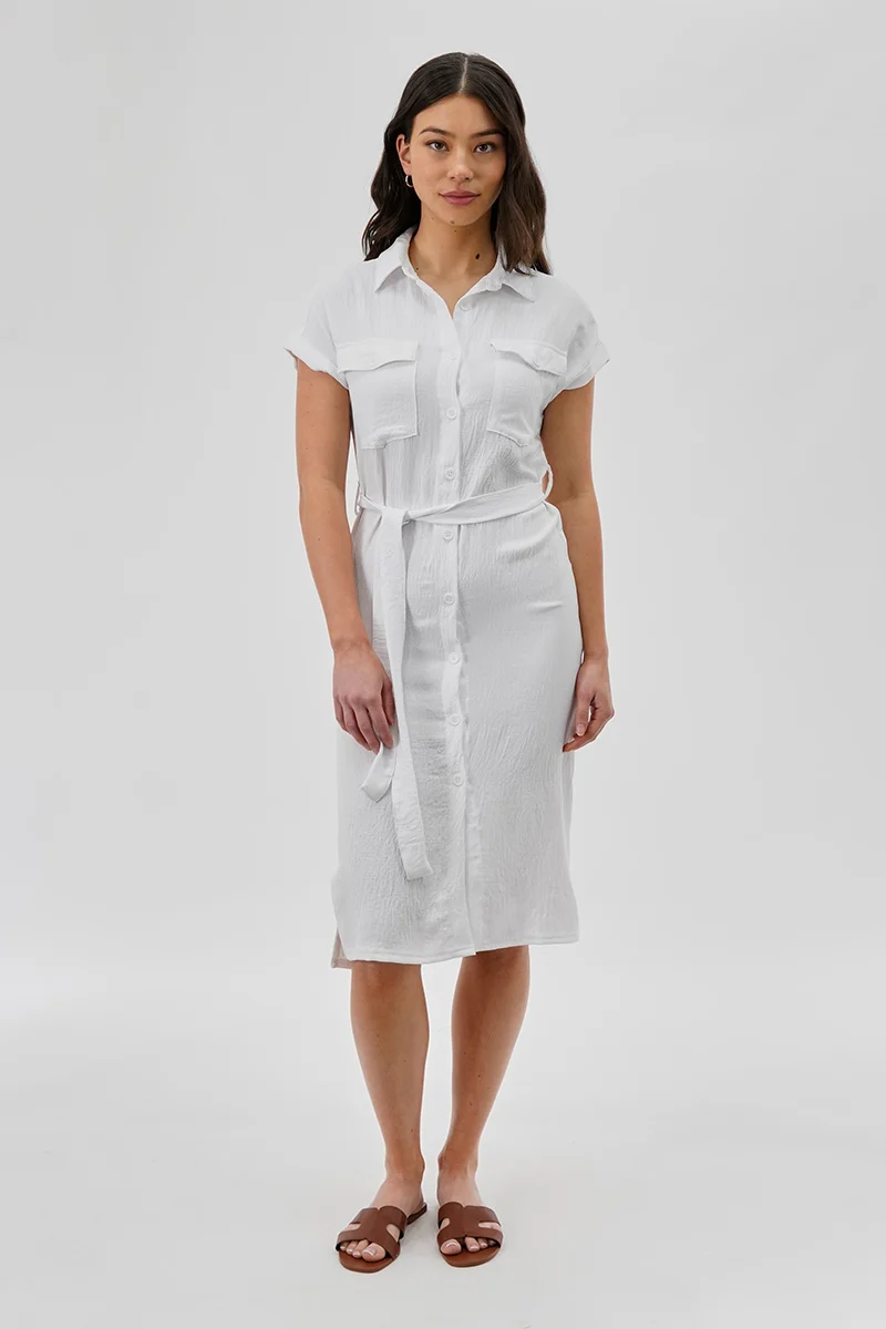 Vintage Belted Button Up Midi Dress - White