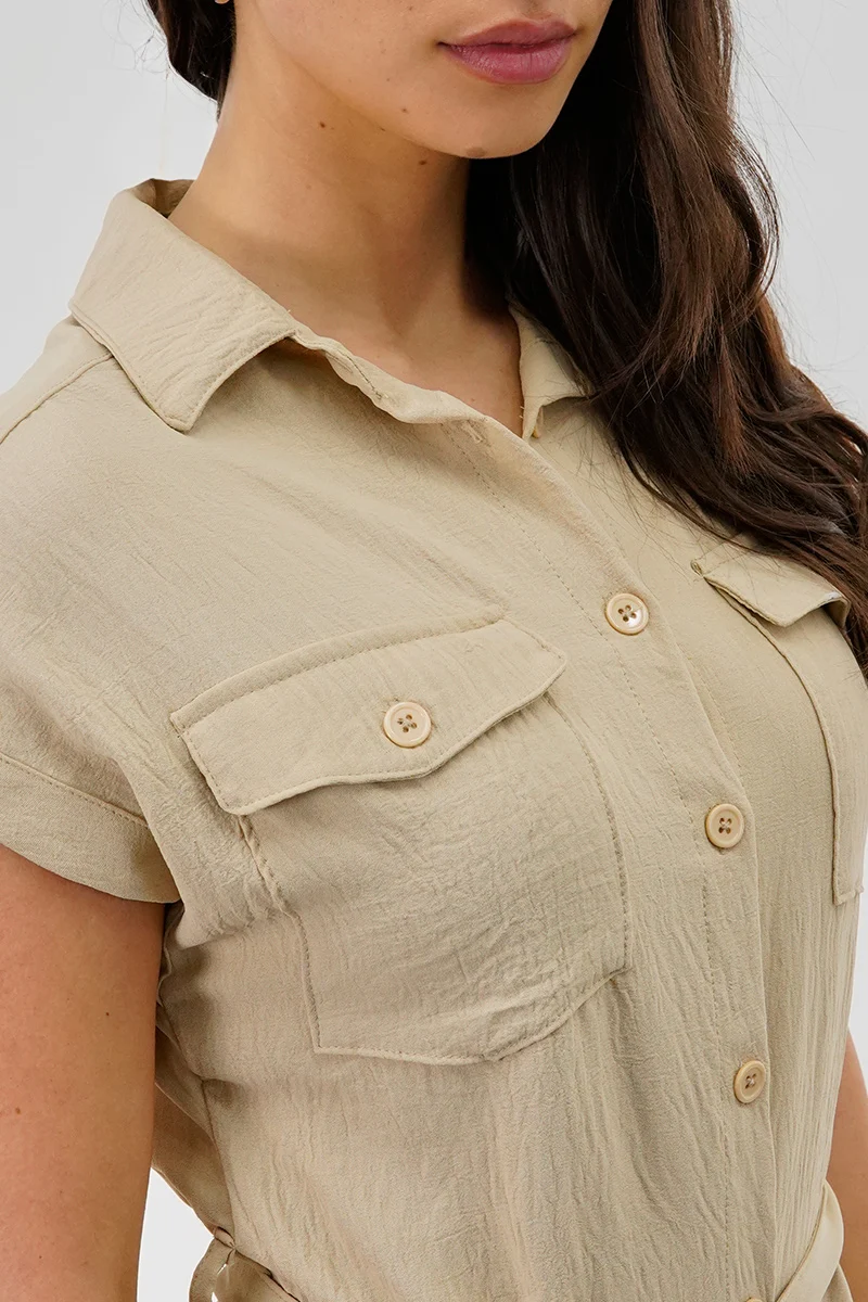 Vintage Belted Button Up Midi Dress - Beige - Image 4