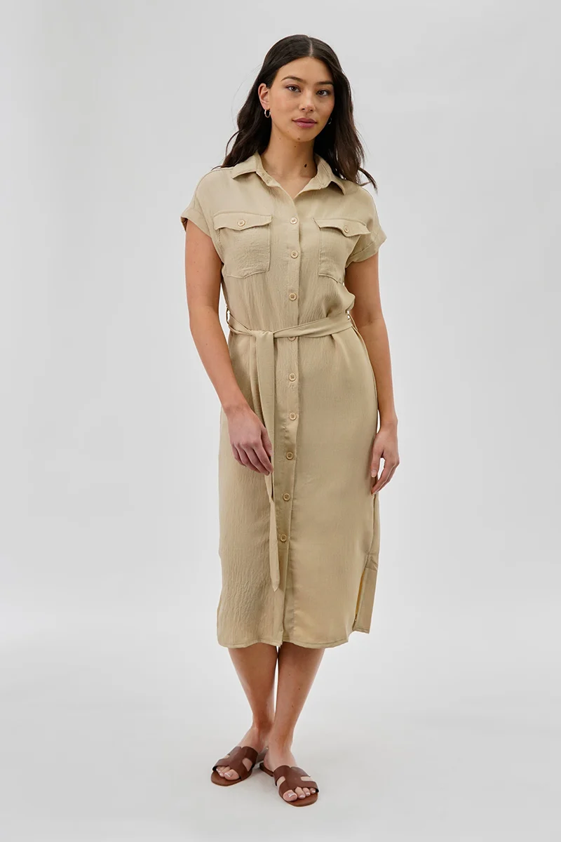 Vintage Belted Button Up Midi Dress - Beige - Image 5