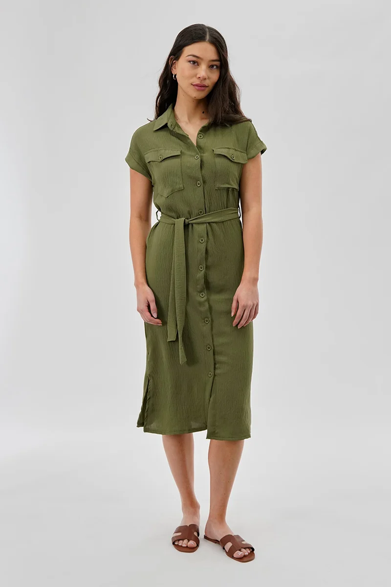 Vintage Belted Button Up Midi Dress - Olive
