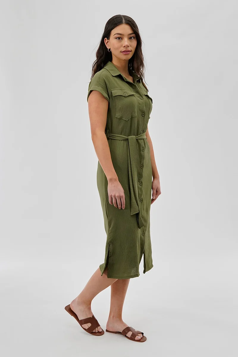 Vintage Belted Button Up Midi Dress - Olive - Image 2