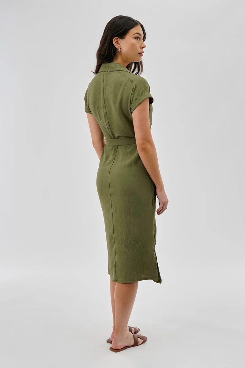 Vintage Belted Button Up Midi Dress - Olive - Image 3