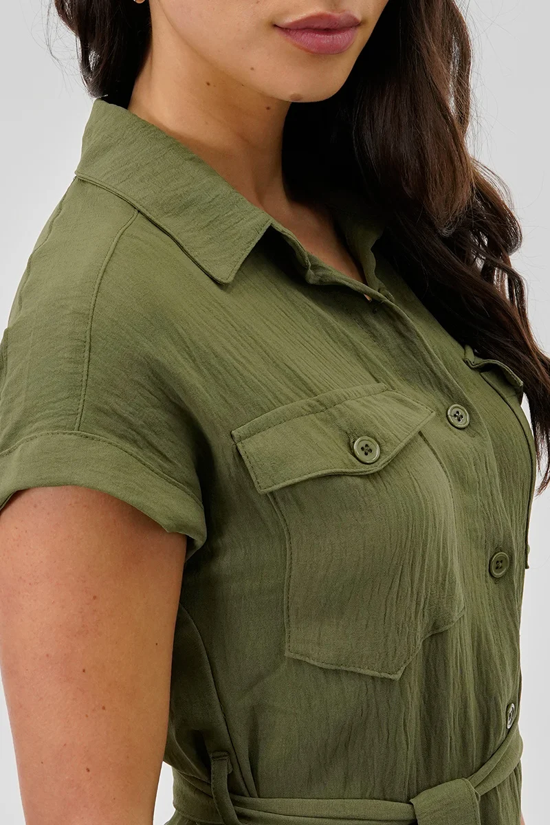 Vintage Belted Button Up Midi Dress - Olive - Image 4