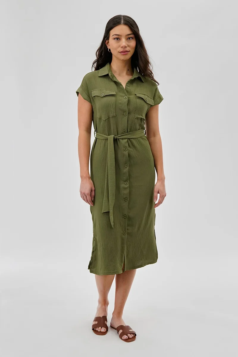 Vintage Belted Button Up Midi Dress - Olive - Image 5