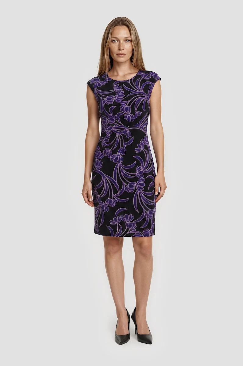 Printed Cap Sleeve Midi Dress - Purple