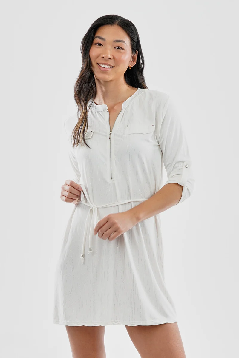 Patterned Tie Waist Half Zip Day Dress - White