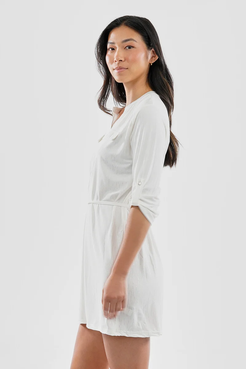 Patterned Tie Waist Half Zip Day Dress - White - Image 2