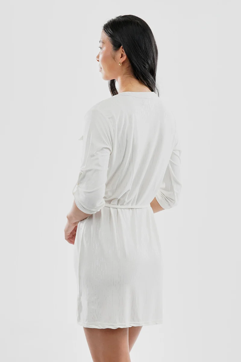 Patterned Tie Waist Half Zip Day Dress - White - Image 3