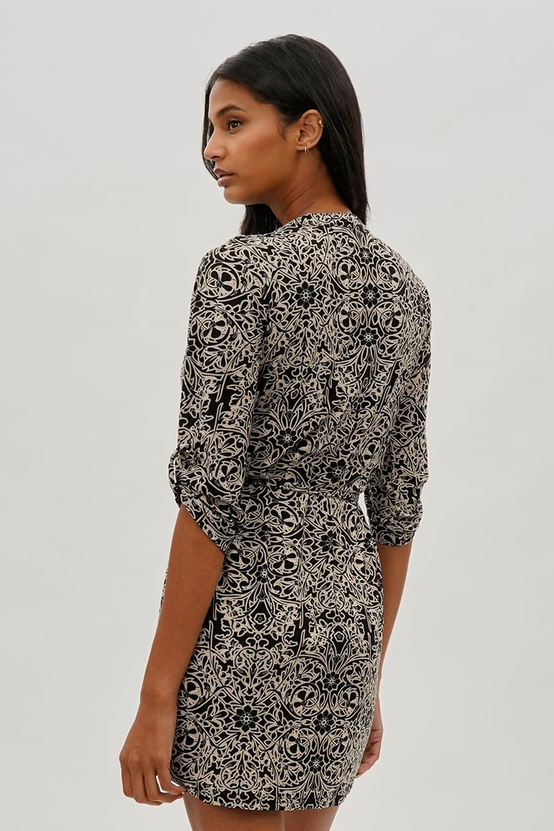 Baroque Print Tie Waist Half Zip Day Dress - Black - Image 3