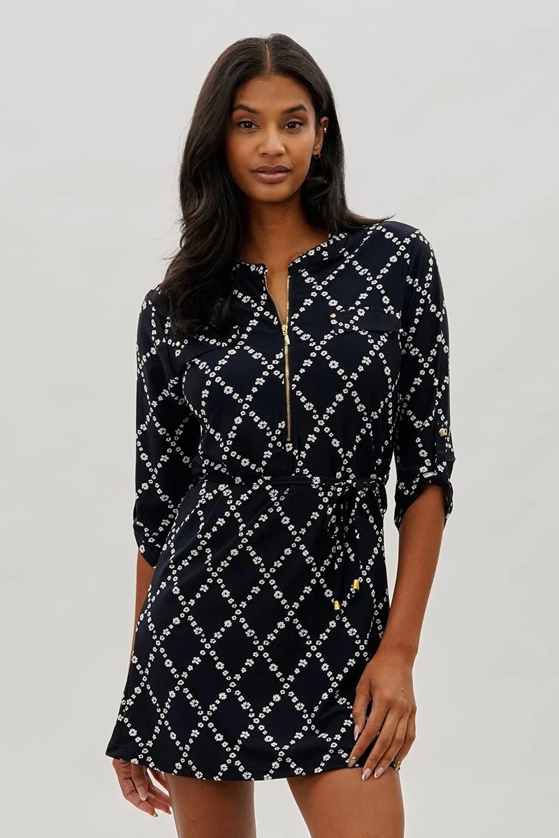 Floral Tie Waist Half Zip Day Dress - Navy