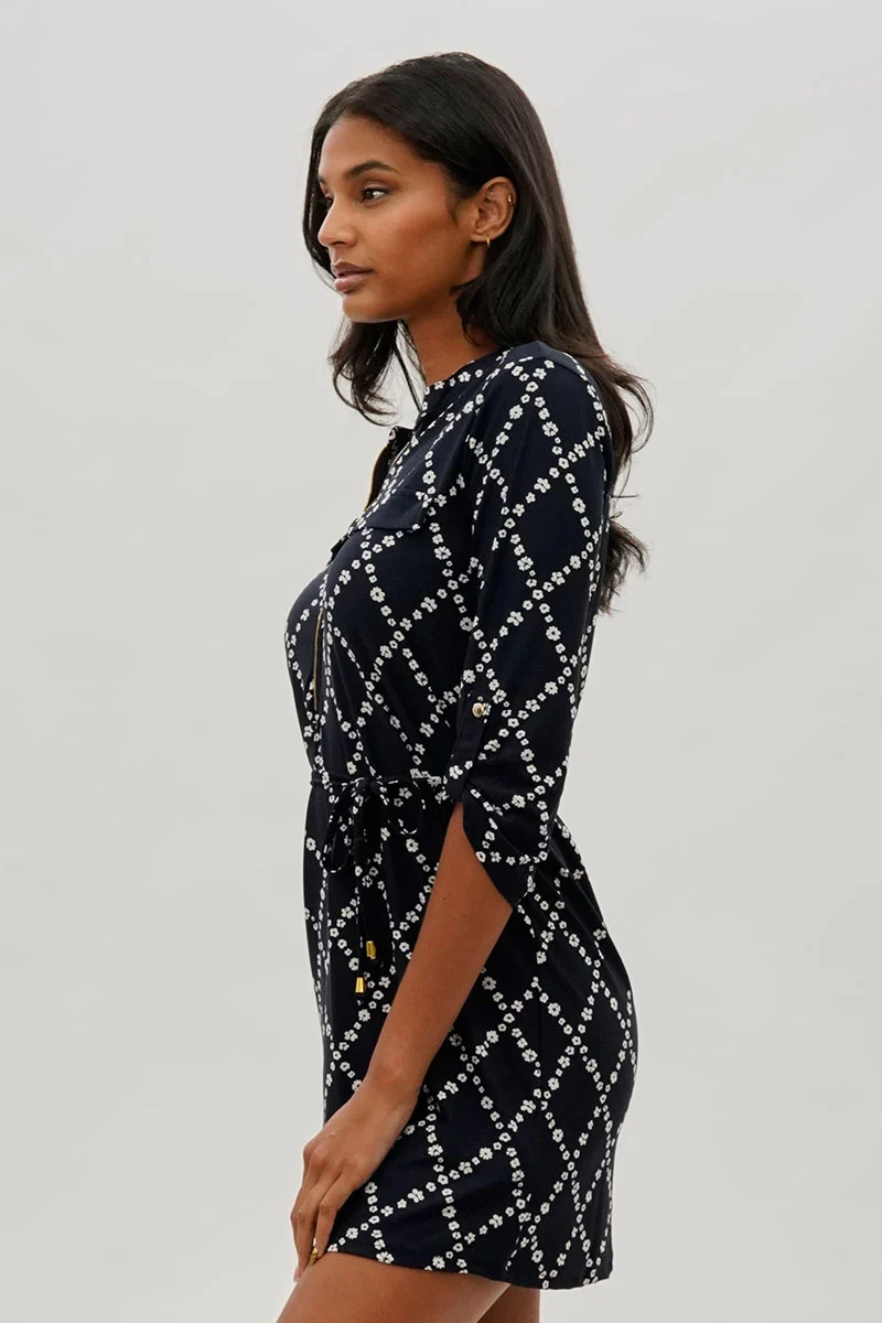 Floral Tie Waist Half Zip Day Dress - Navy - Image 2