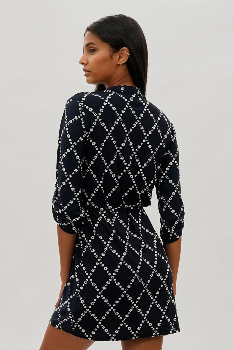 Floral Tie Waist Half Zip Day Dress - Navy - Image 3