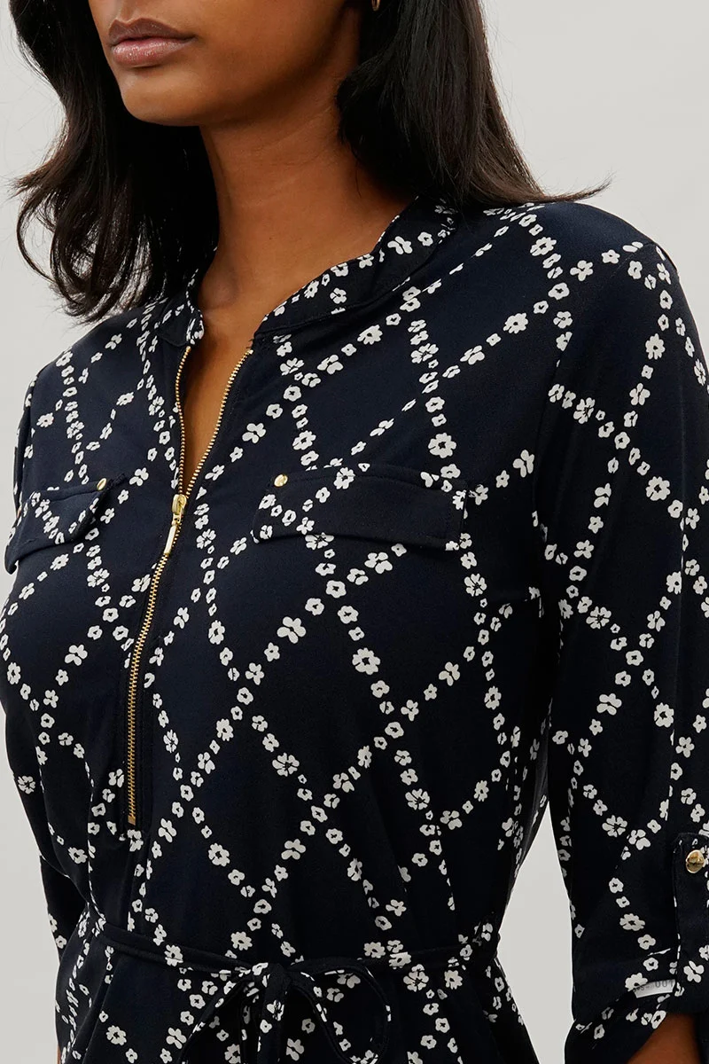 Floral Tie Waist Half Zip Day Dress - Navy - Image 4