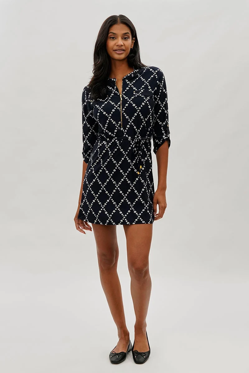 Floral Tie Waist Half Zip Day Dress - Navy - Image 5