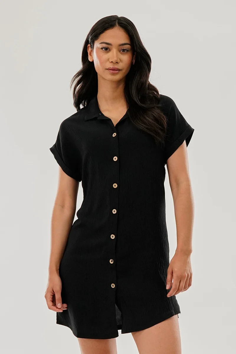 Vintage Button Up Short Sleeve Day Dress - Black