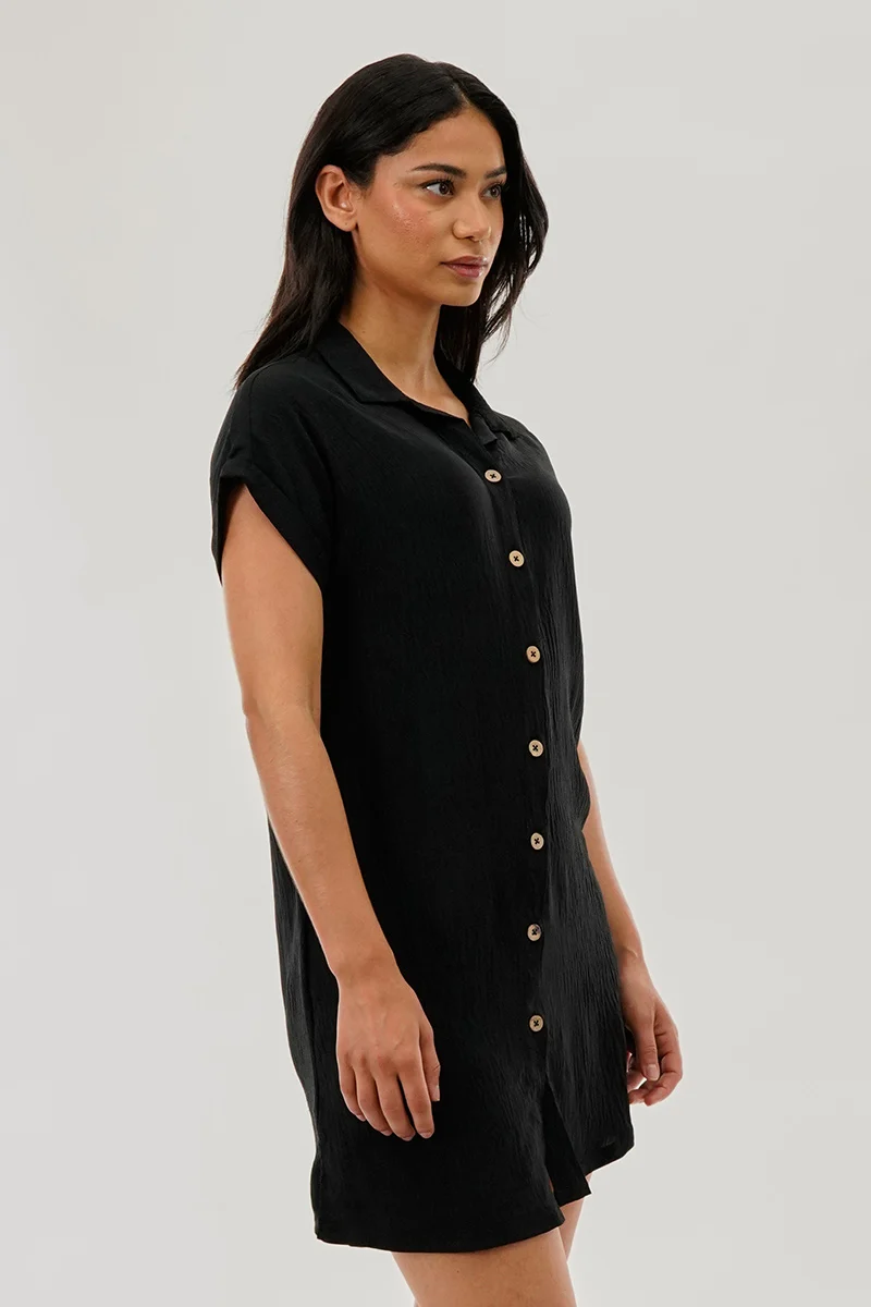 Vintage Button Up Short Sleeve Day Dress - Black - Image 2