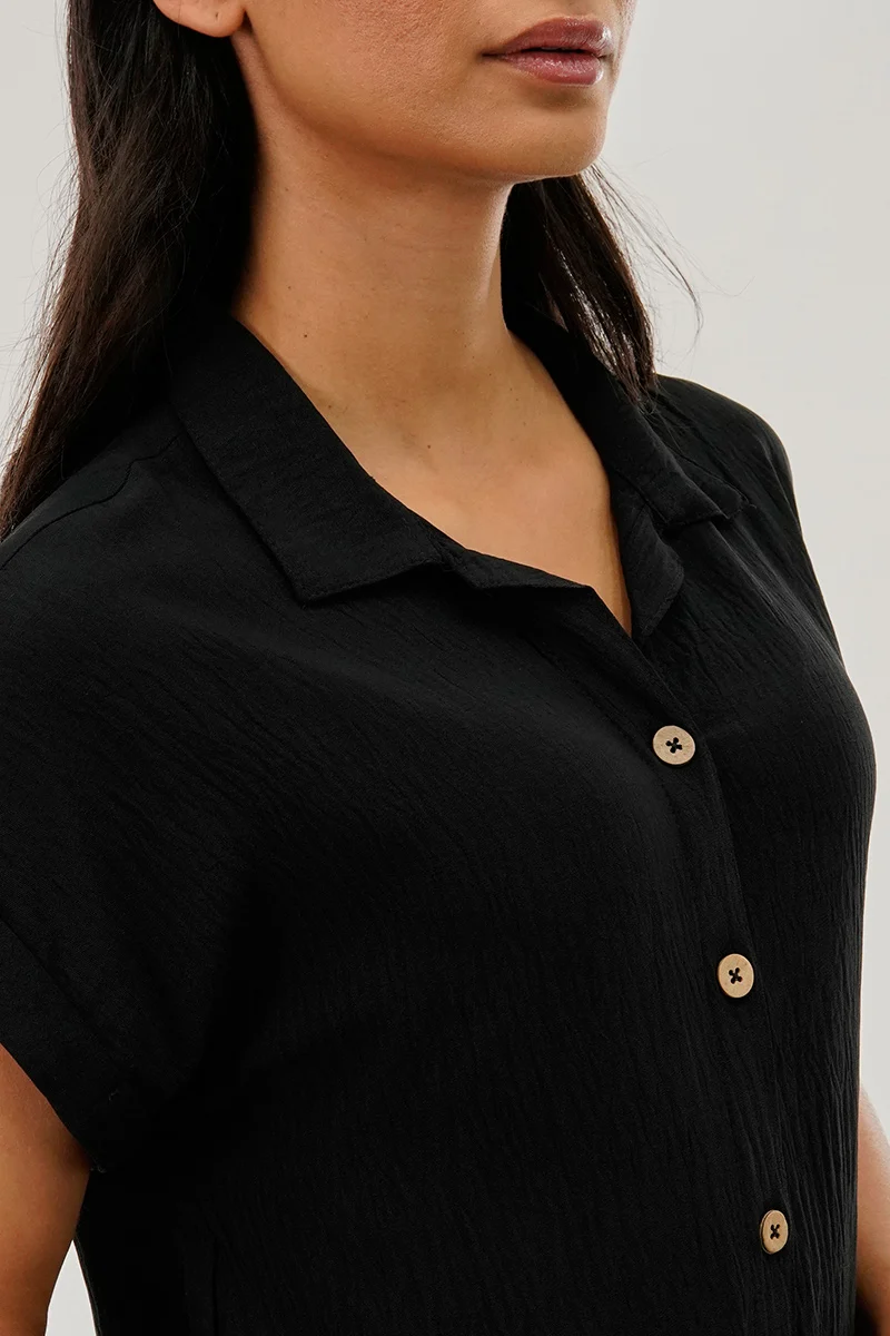 Vintage Button Up Short Sleeve Day Dress - Black - Image 4