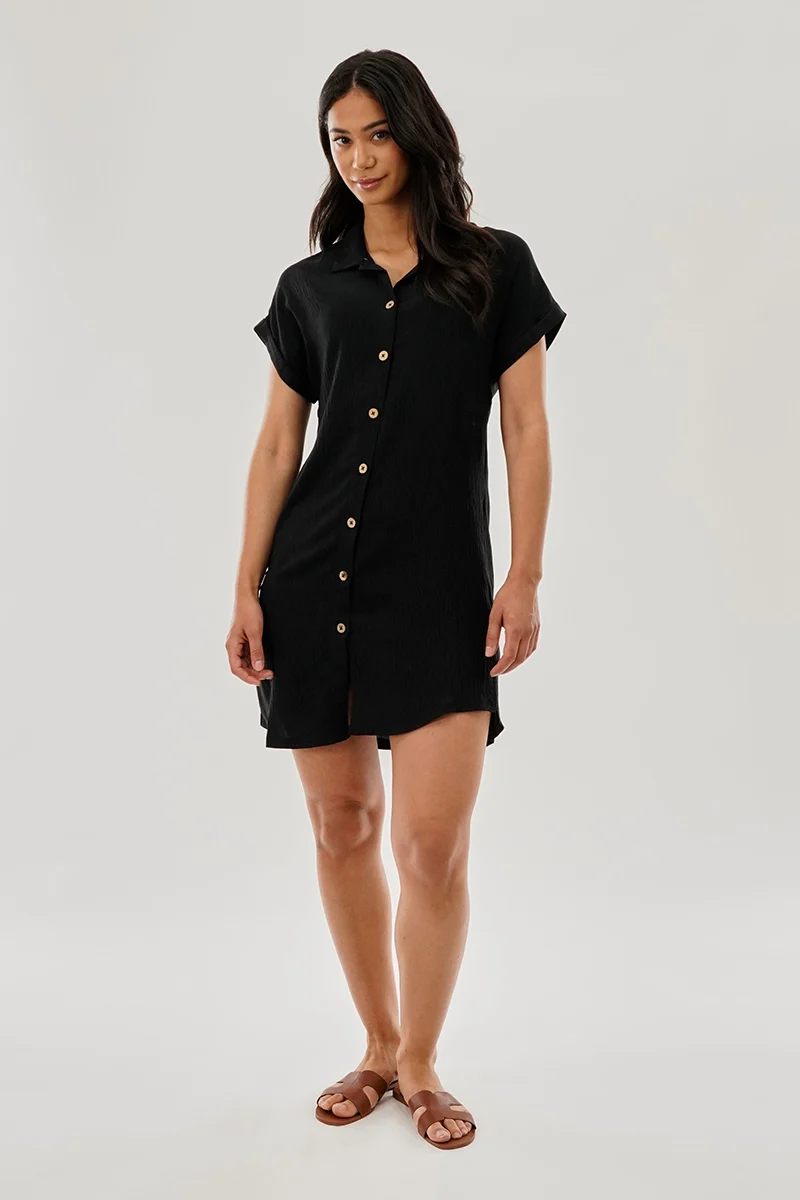 Vintage Button Up Short Sleeve Day Dress - Black - Image 5