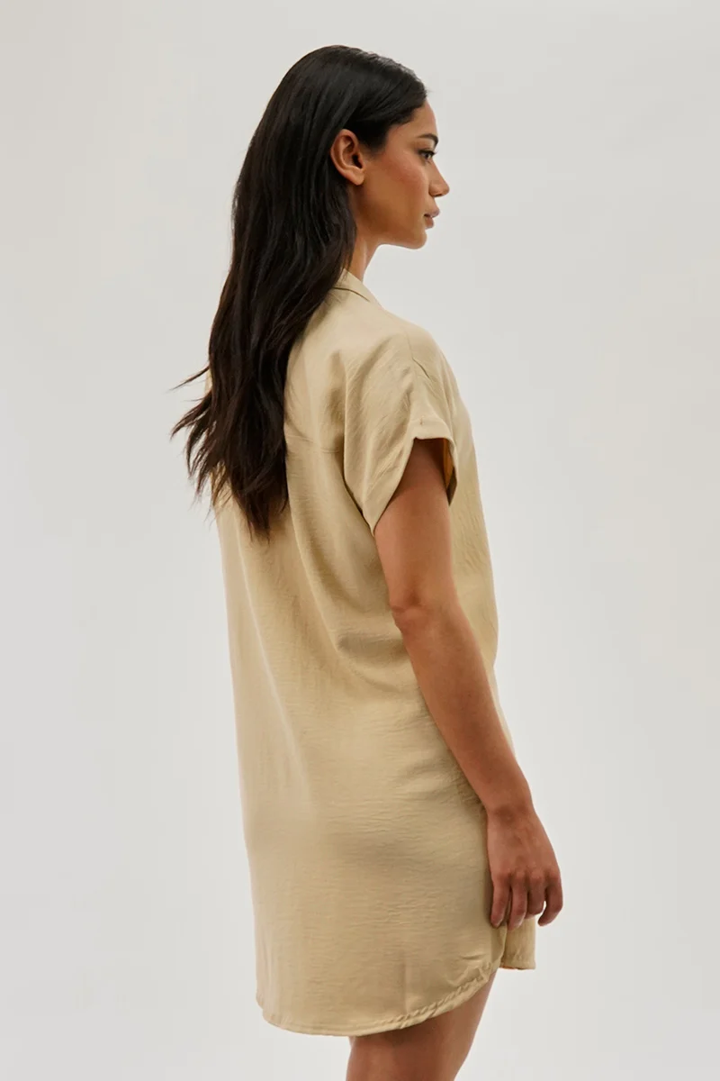Vintage Button Up Short Sleeve Day Dress - Beige - Image 3