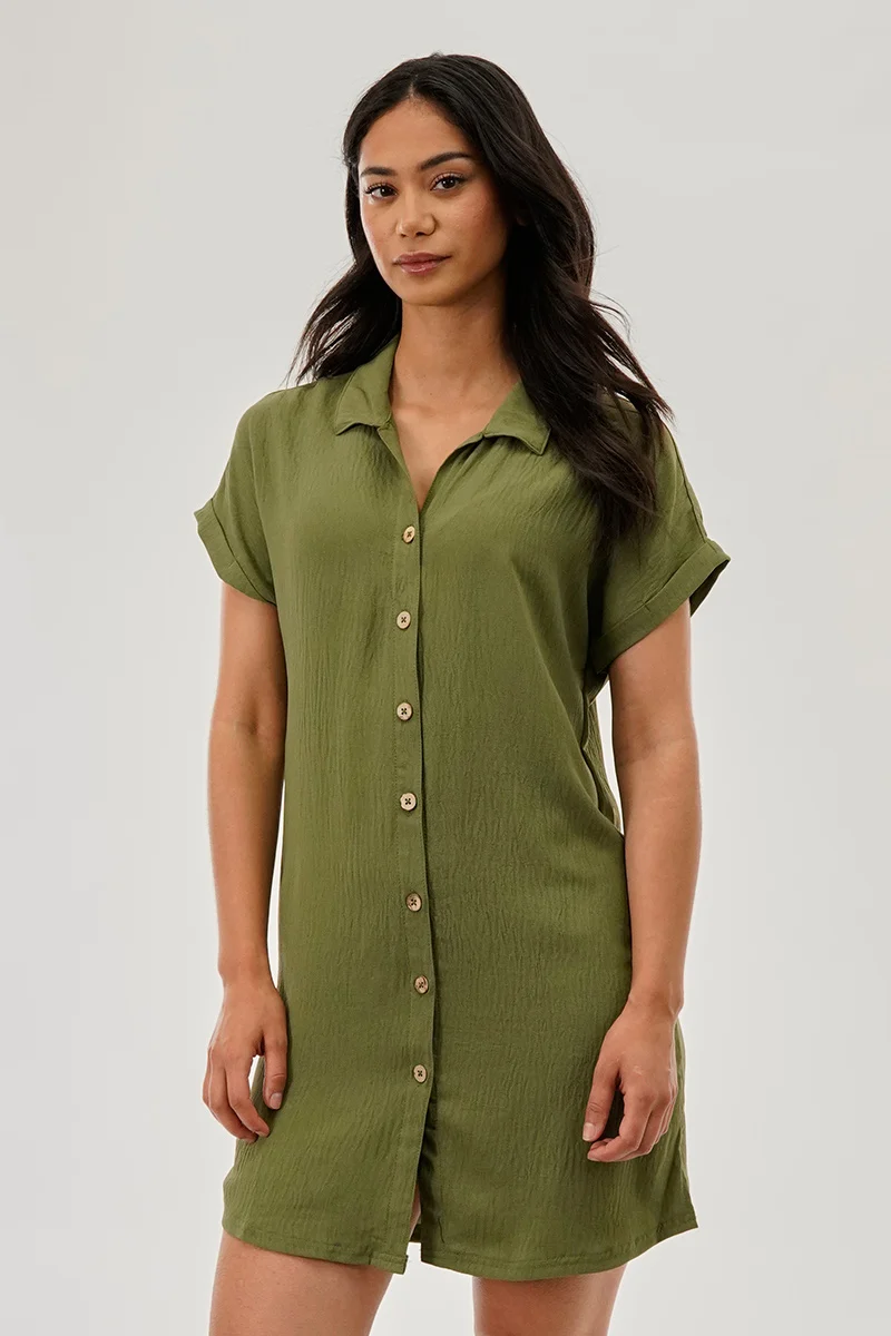 Vintage Button Up Short Sleeve Day Dress - Olive