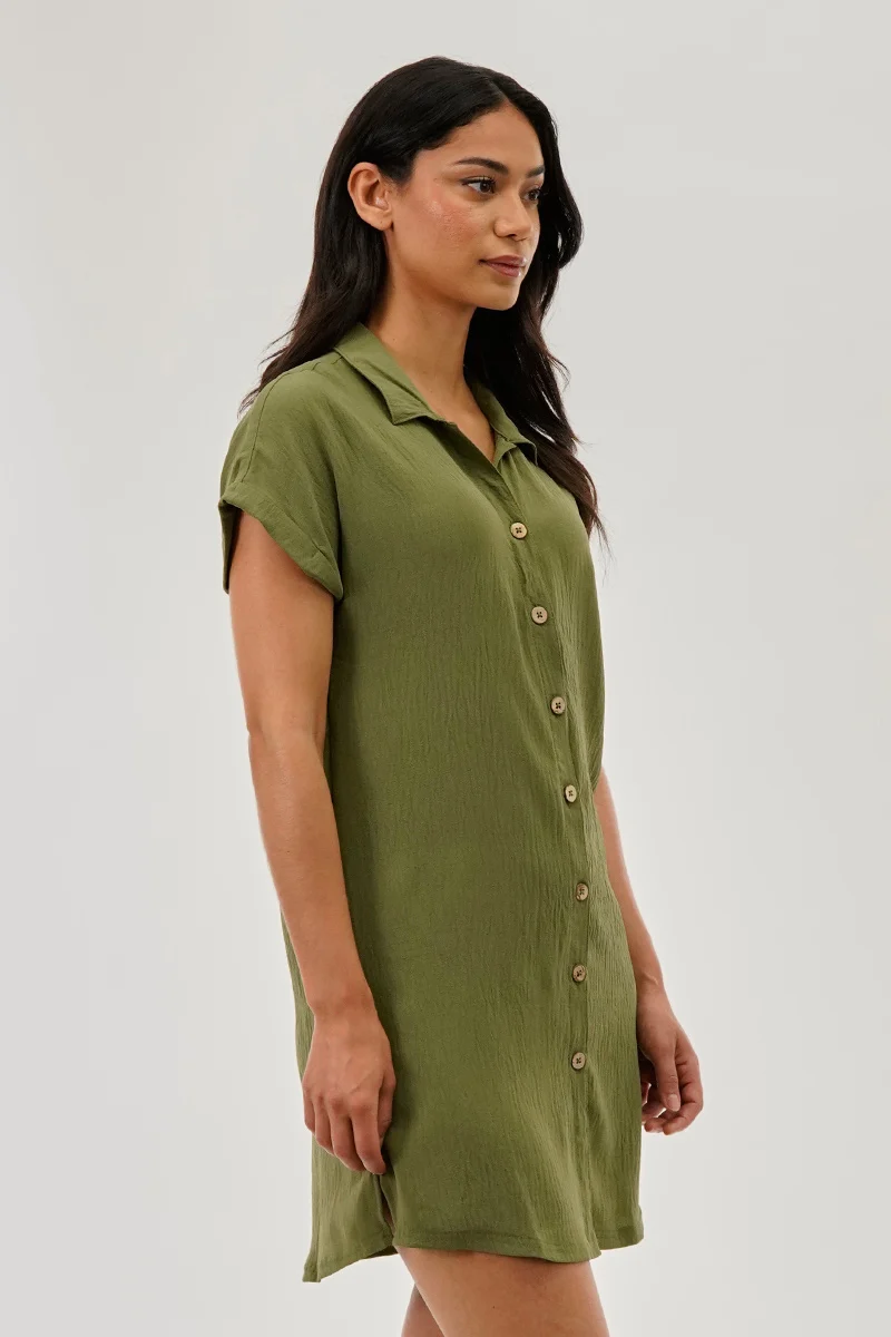 Vintage Button Up Short Sleeve Day Dress - Olive - Image 2