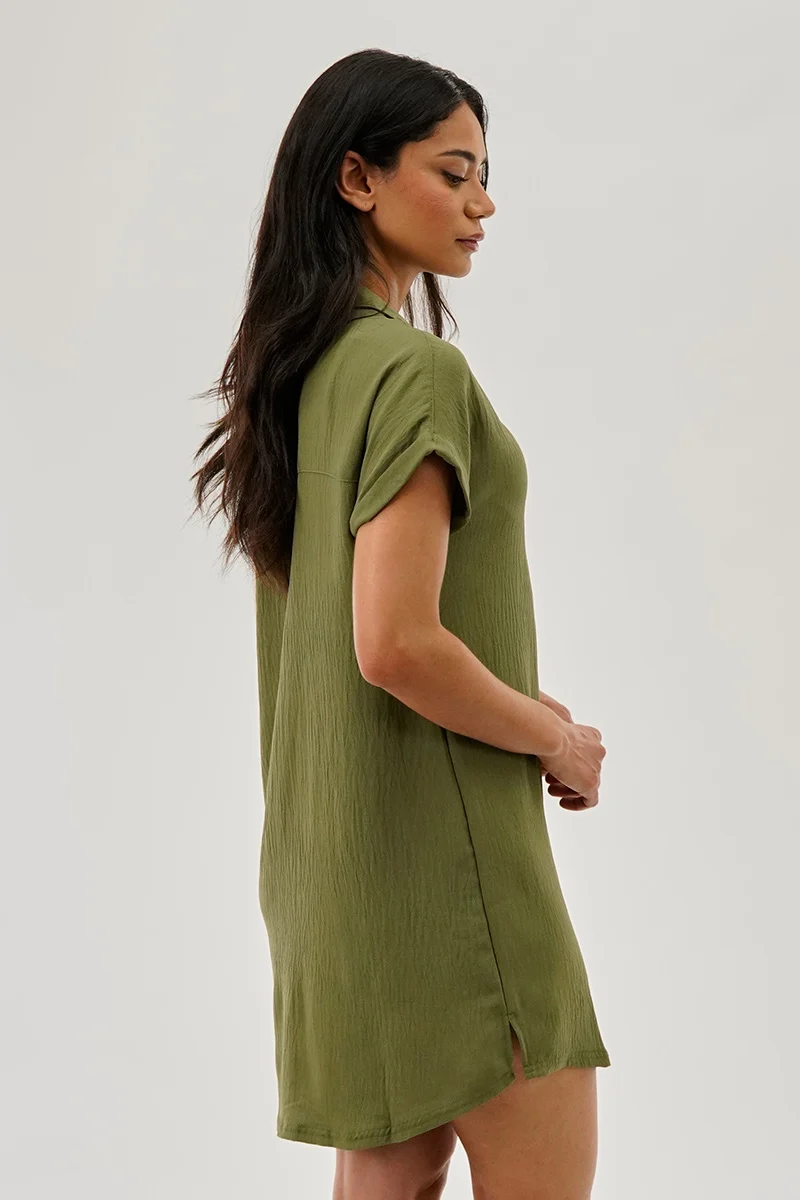 Vintage Button Up Short Sleeve Day Dress - Olive - Image 3