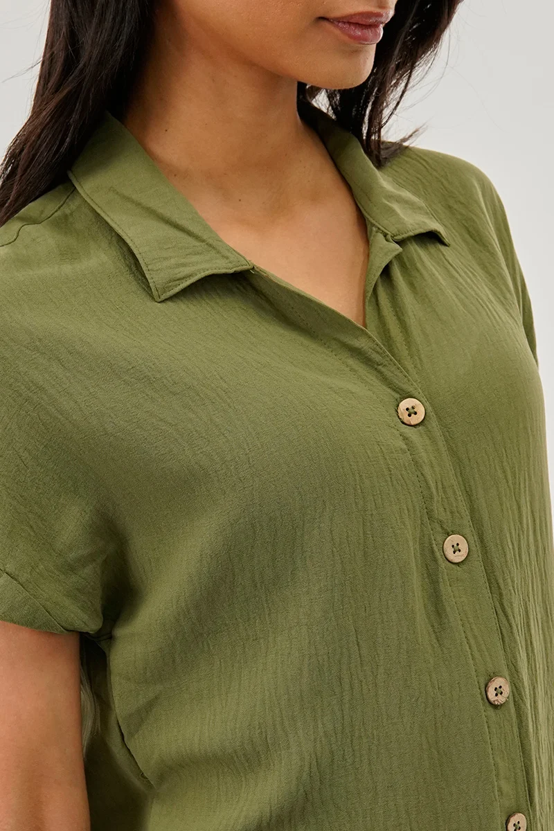 Vintage Button Up Short Sleeve Day Dress - Olive - Image 4