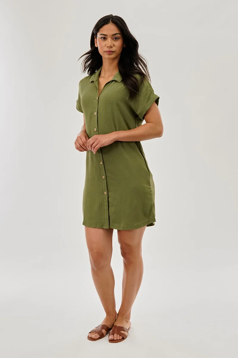 Vintage Button Up Short Sleeve Day Dress - Olive - Image 5