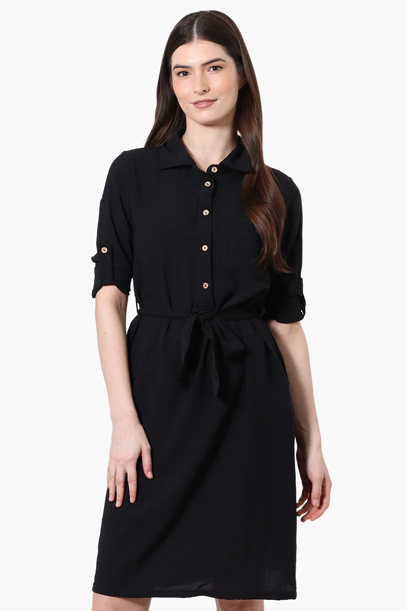 Vintage Belted Roll Up Sleeve Day Dress - Black