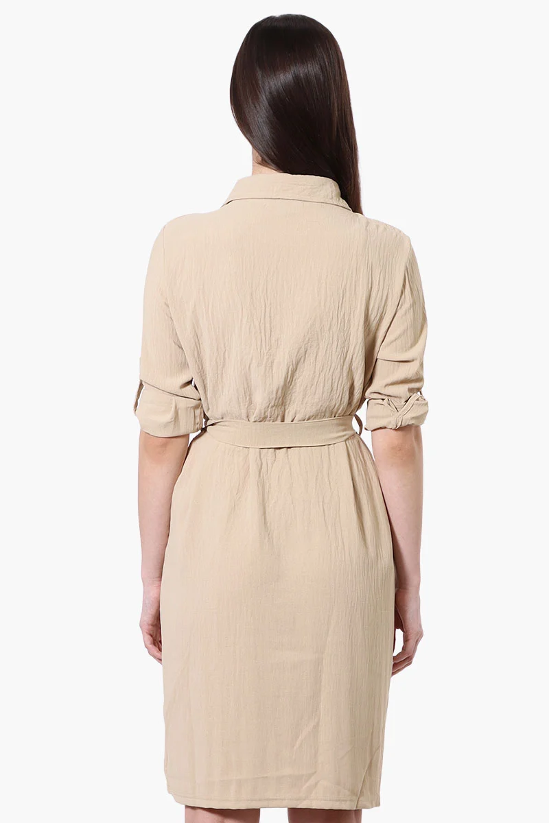 Vintage Belted Roll Up Sleeve Day Dress - Beige - Image 3