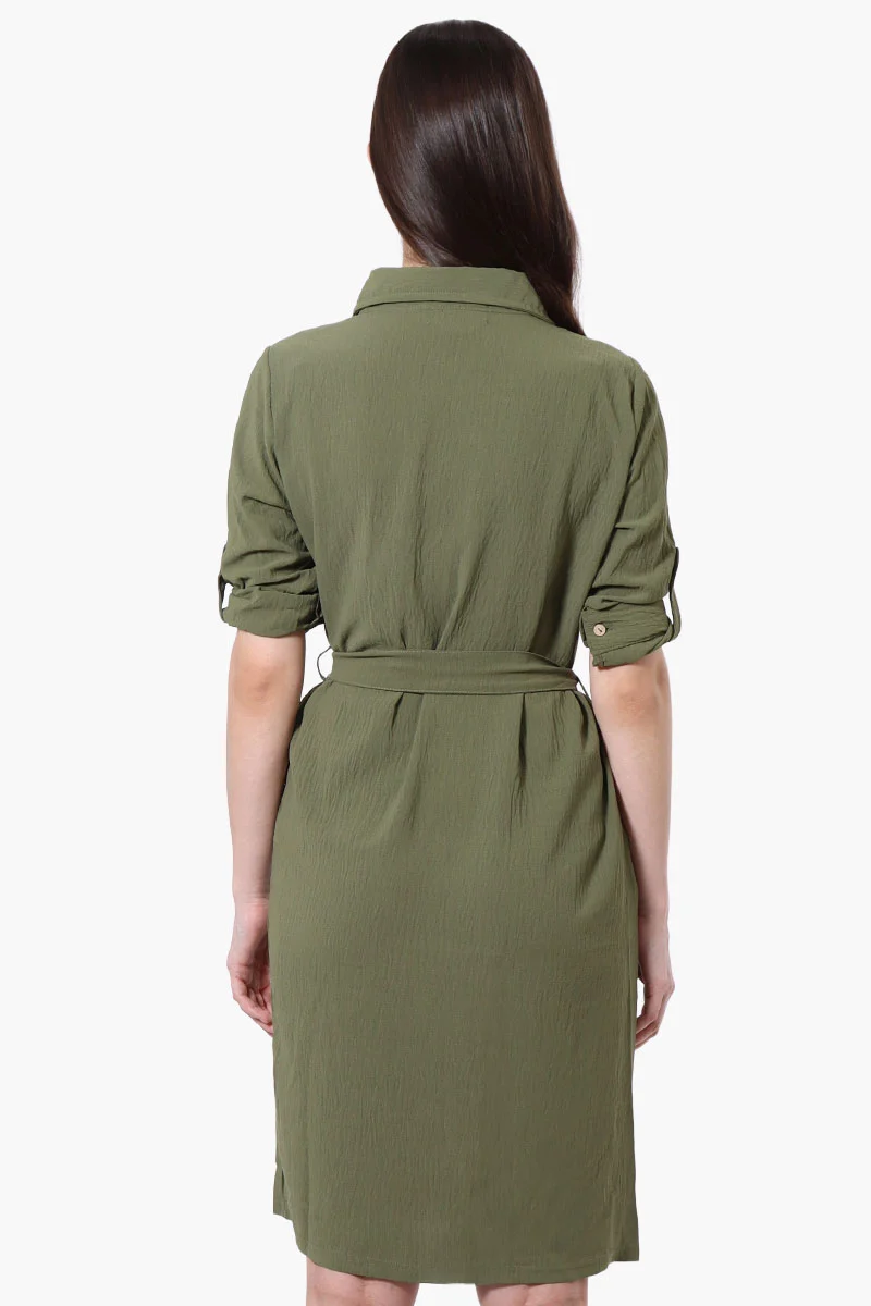 Vintage Belted Roll Up Sleeve Day Dress - Olive - Image 3