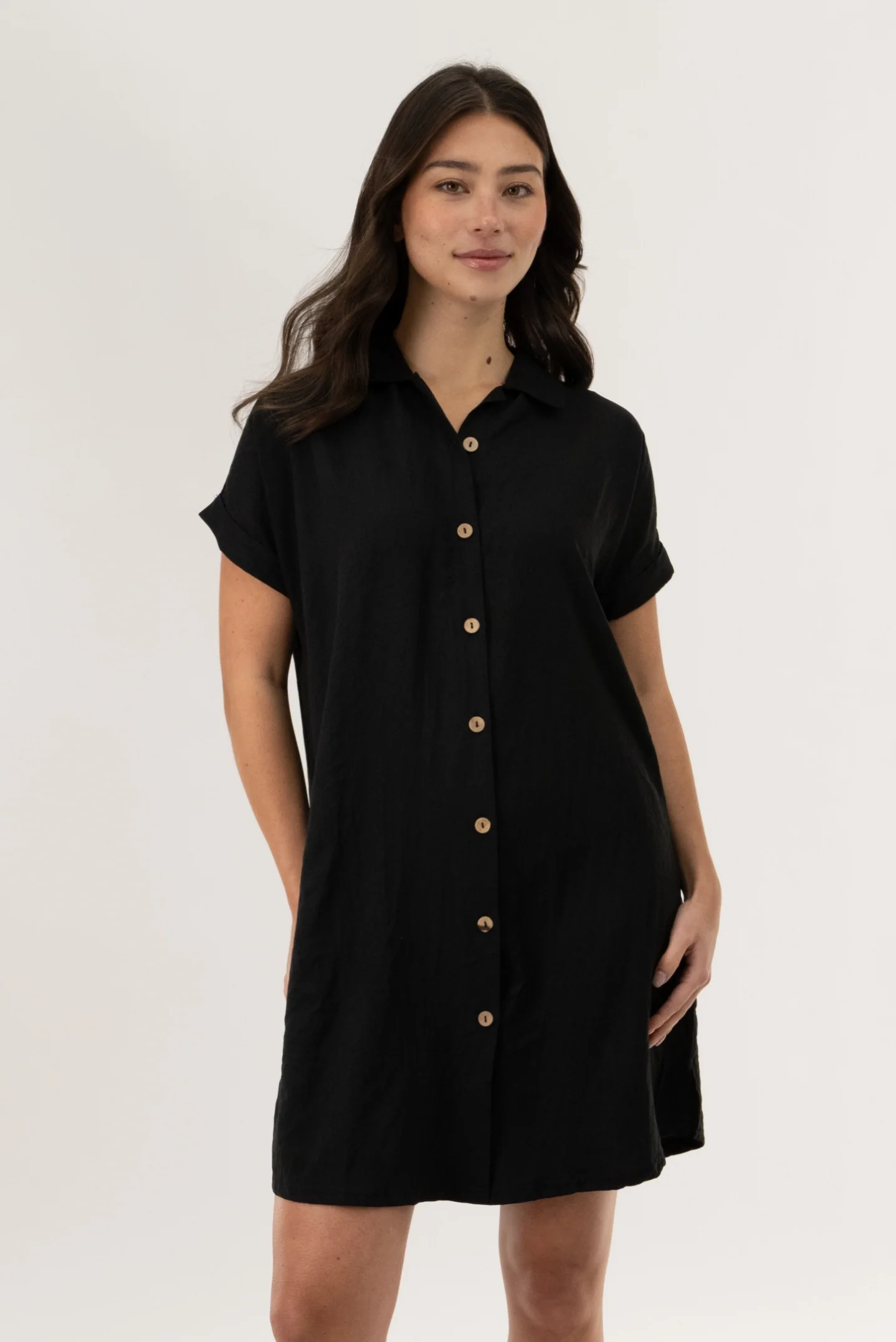 Button Up Short Sleeve Day Dress - Black