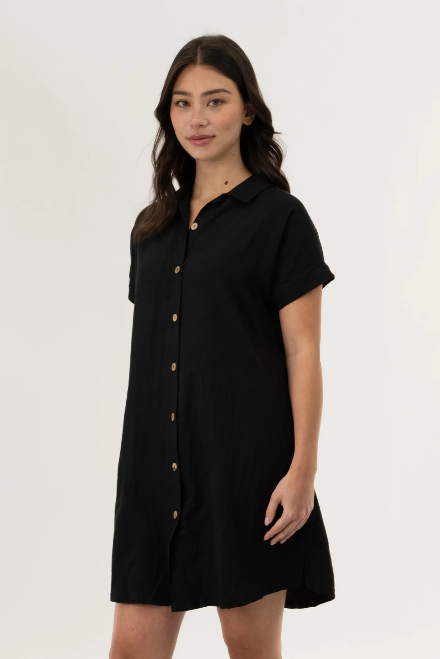 Button Up Short Sleeve Day Dress - Black - Image 2