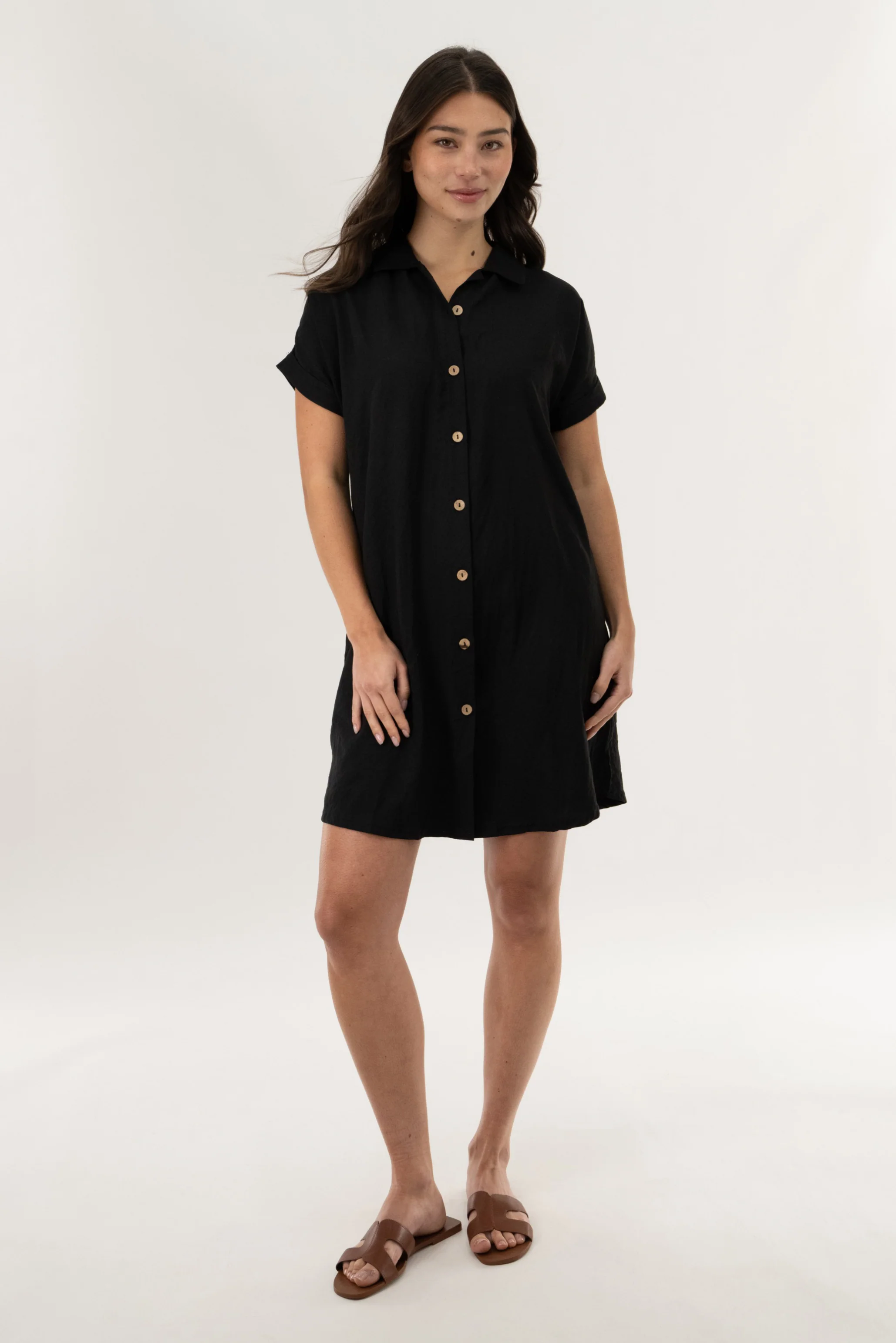 Button Up Short Sleeve Day Dress - Black - Image 5