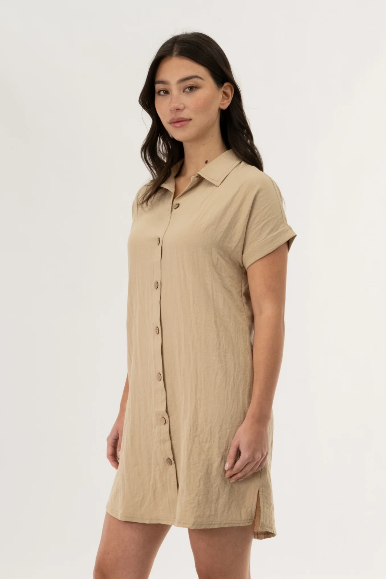 Button Up Short Sleeve Day Dress - Camel - Image 2