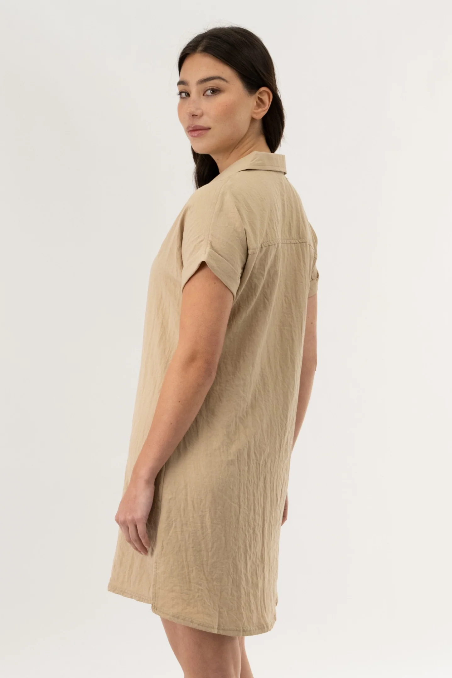 Button Up Short Sleeve Day Dress - Camel - Image 3