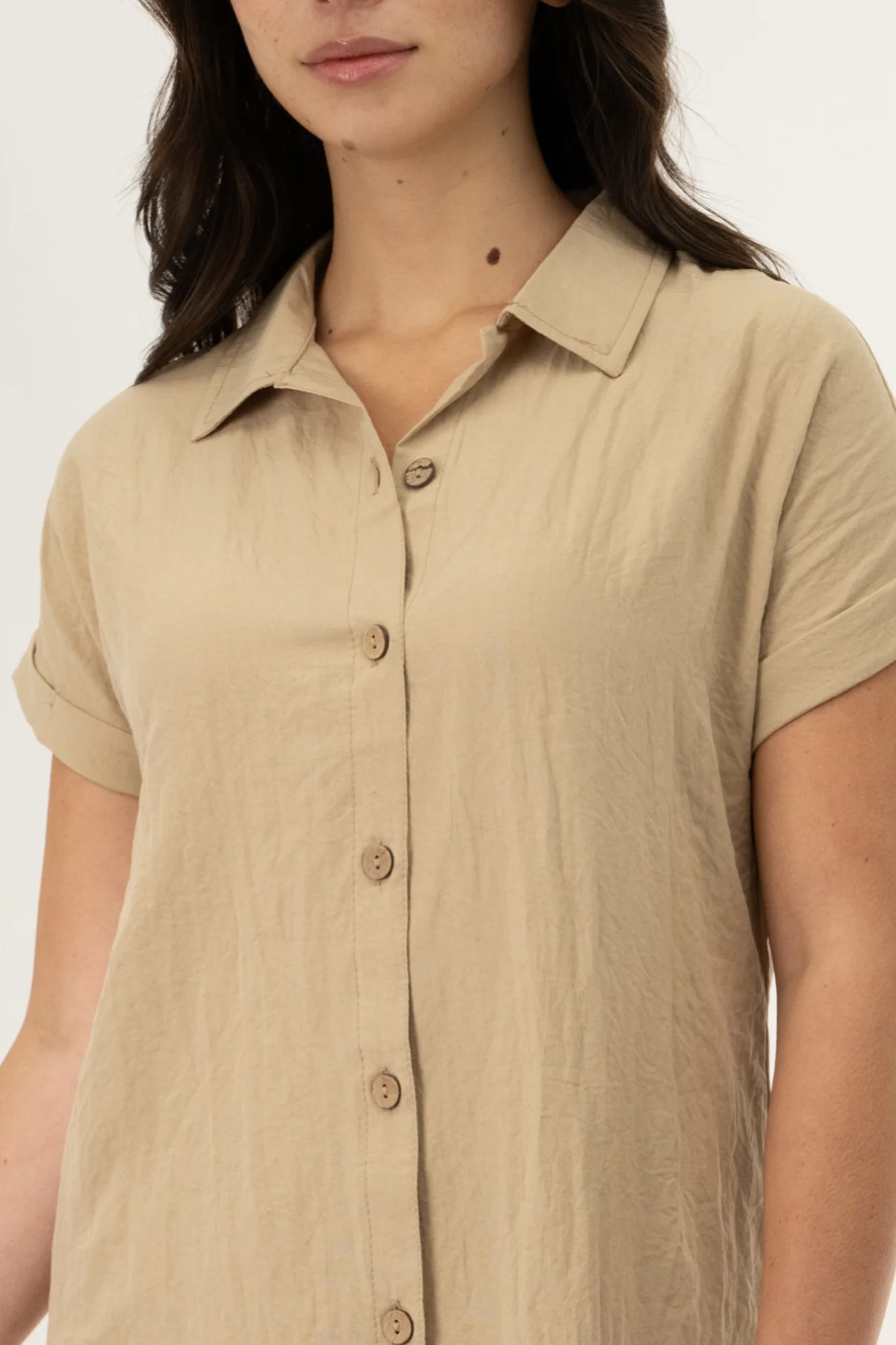 Button Up Short Sleeve Day Dress - Camel - Image 4