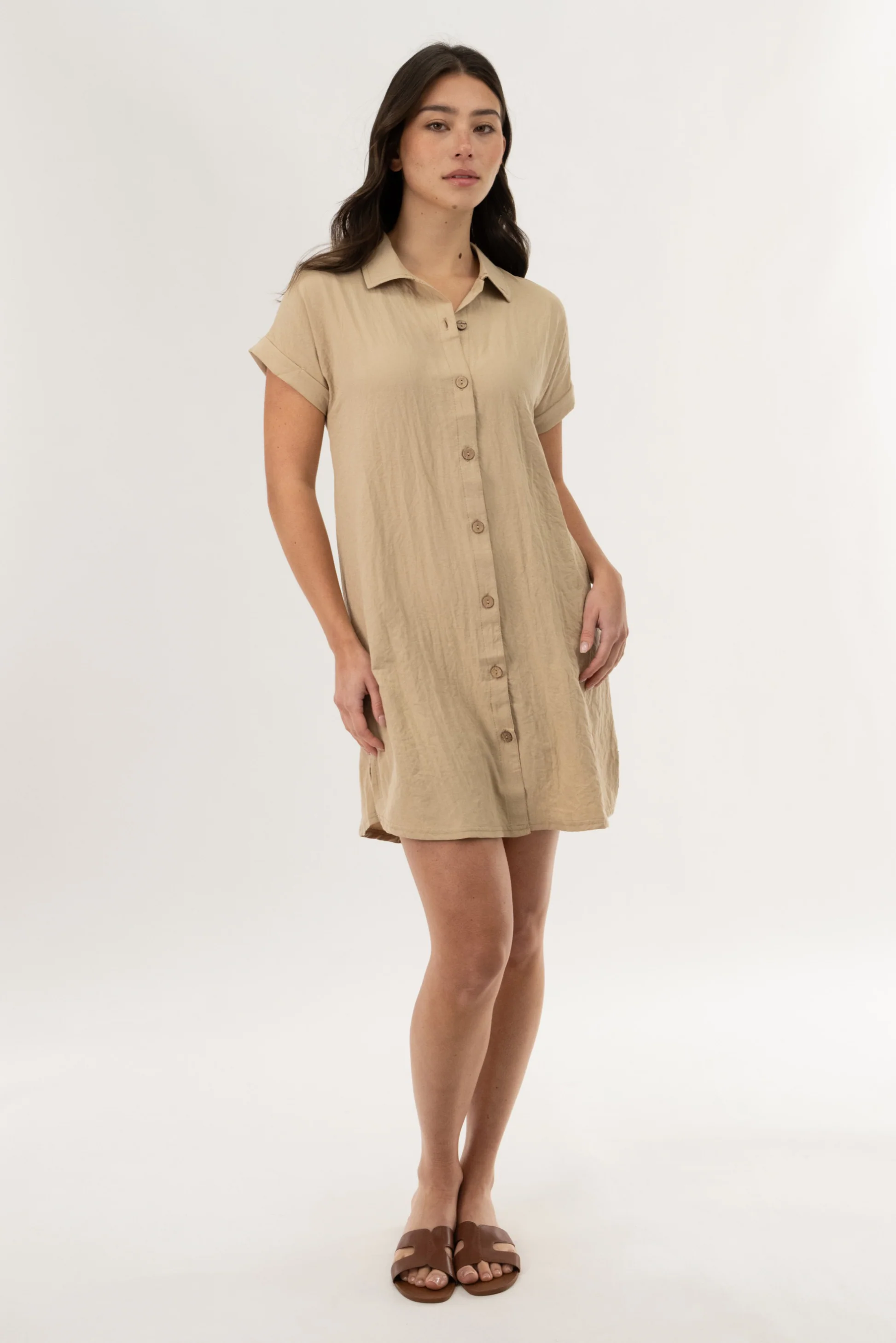 Button Up Short Sleeve Day Dress - Camel - Image 5