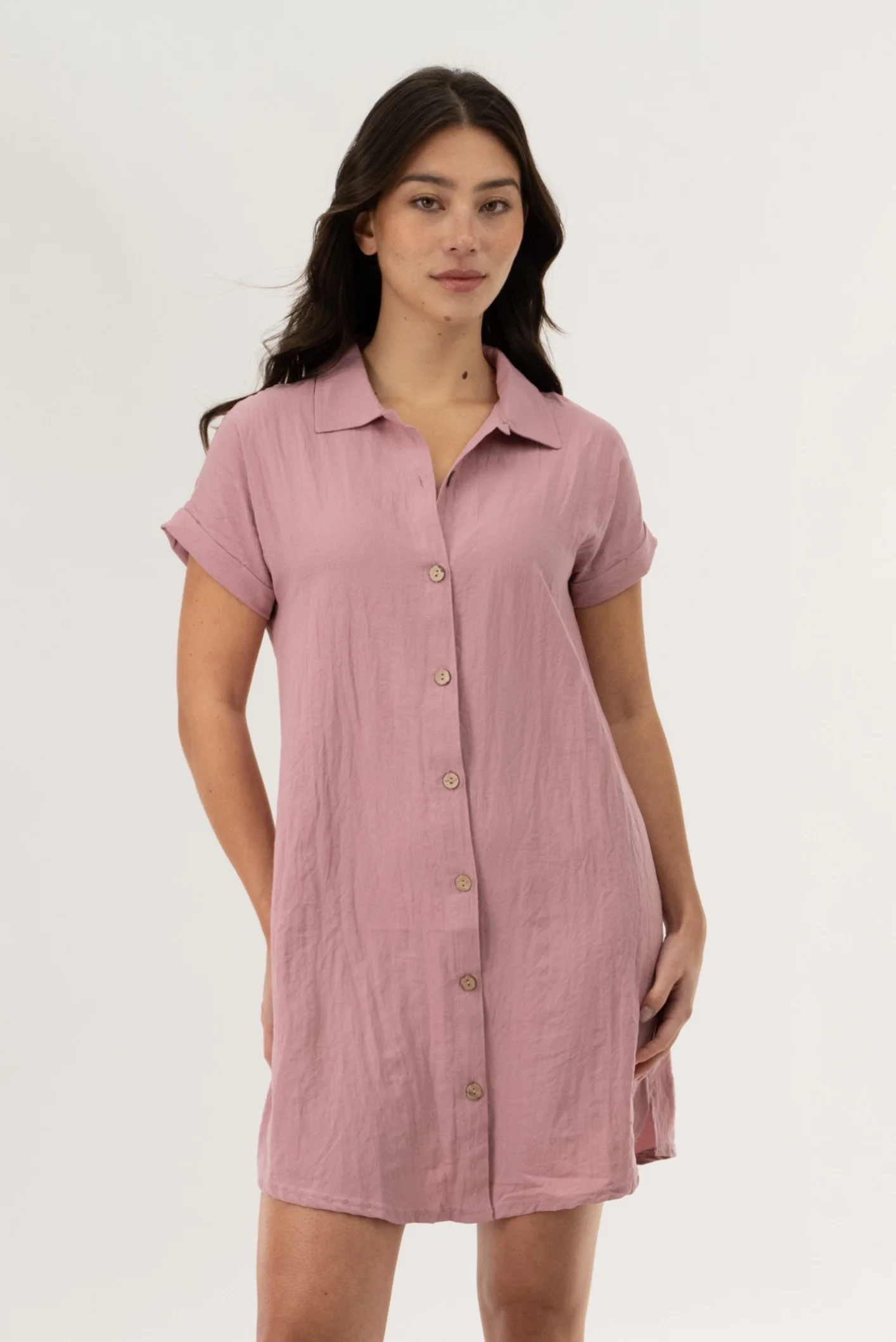 Button Up Short Sleeve Day Dress - Blush