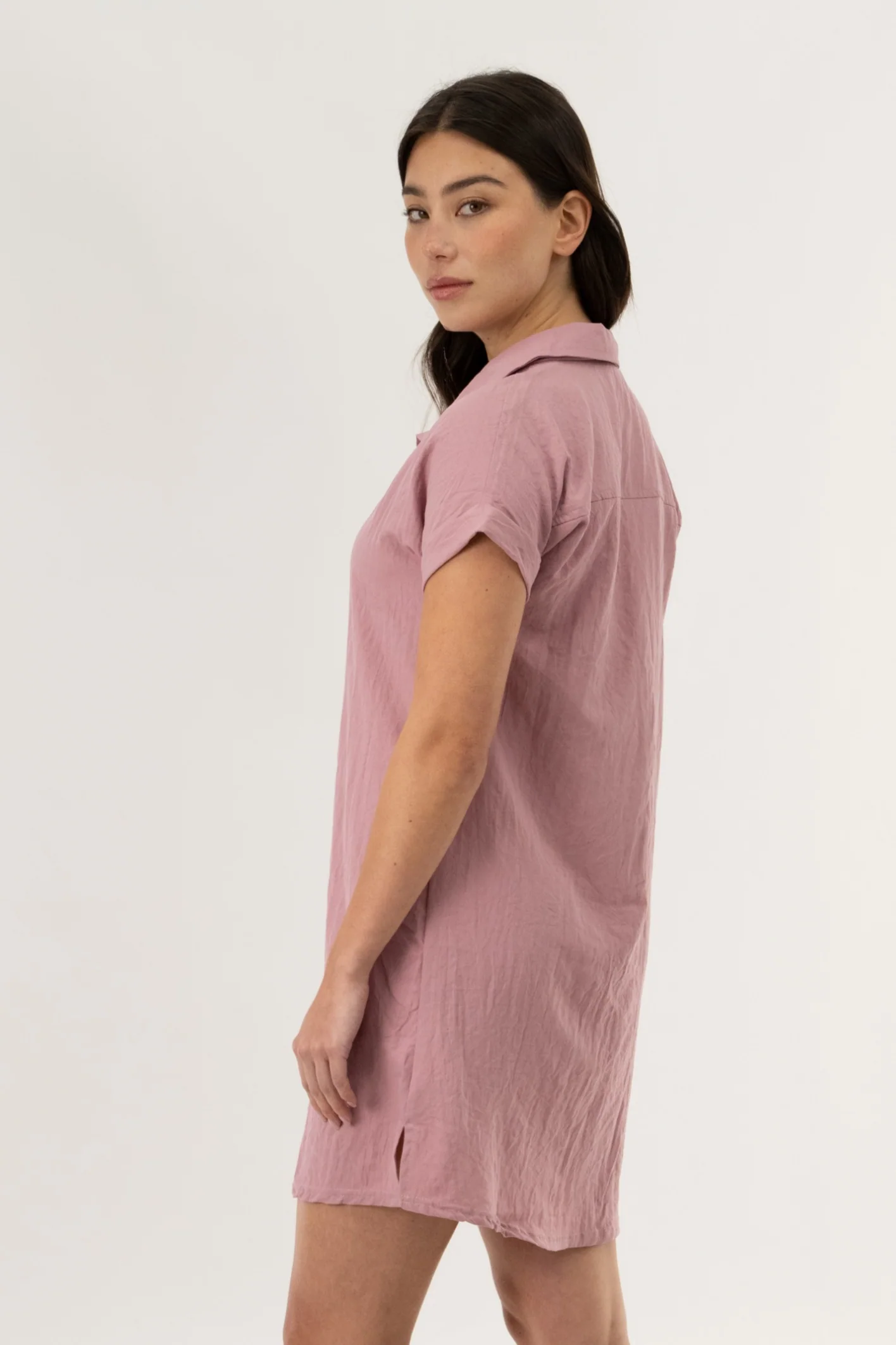 Button Up Short Sleeve Day Dress - Blush - Image 3