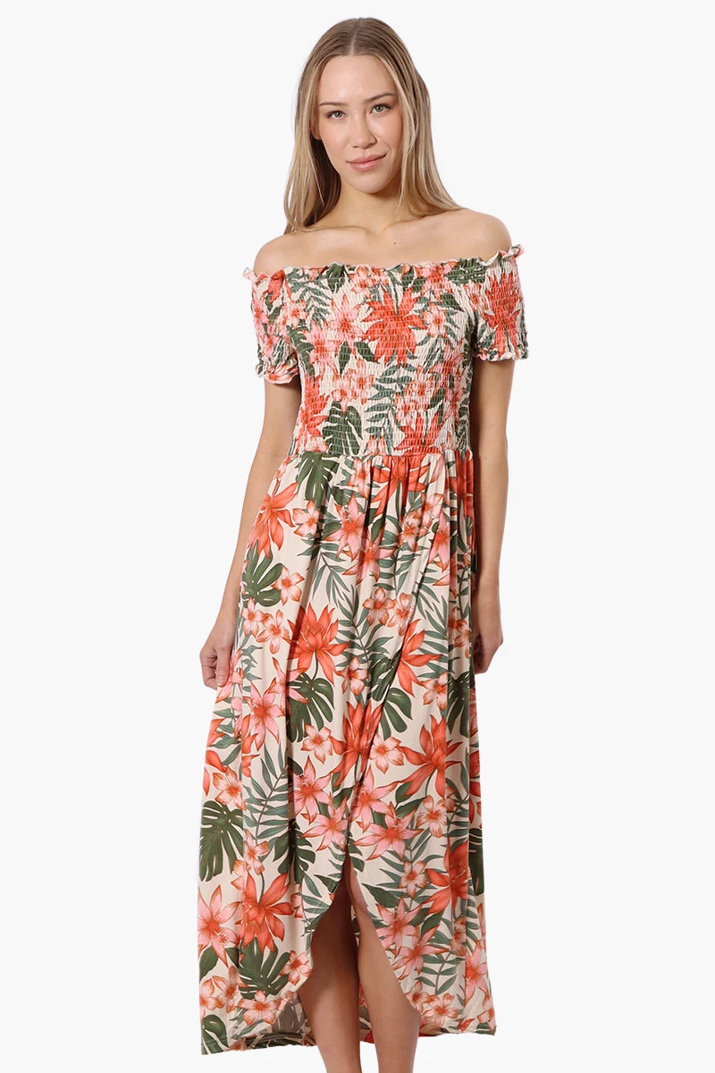 Floral Off Shoulder Crossover Maxi Dress - Peach