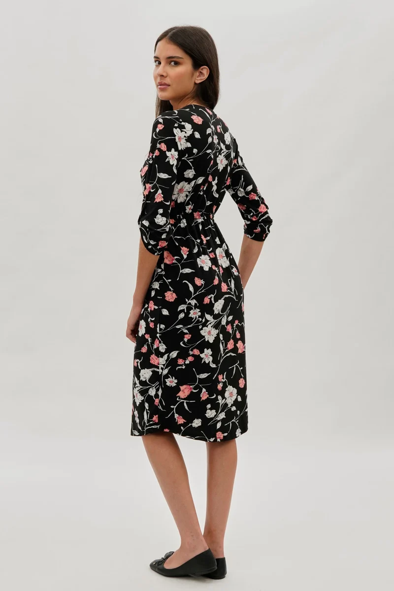 Floral Front Zip Midi Dress - Black - Image 3