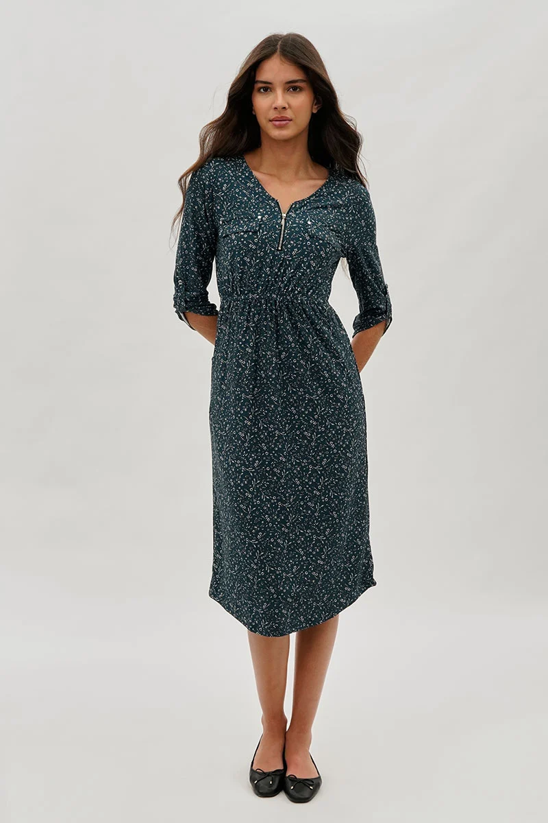 Floral Front Zip Midi Dress - Teal - Image 5