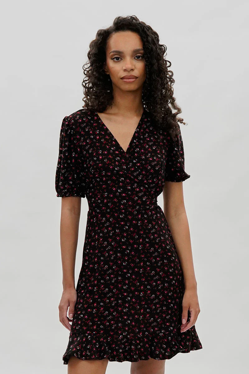 Floral Crossover Day Dress - Black