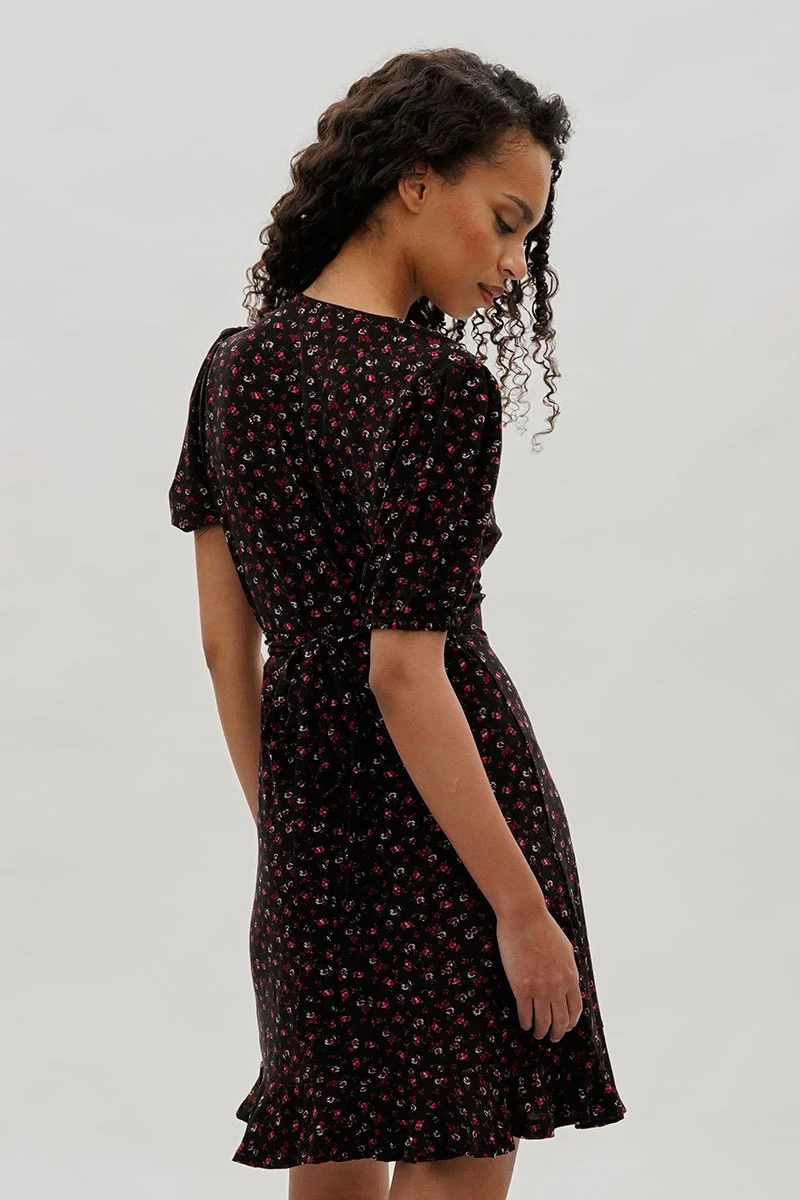 Floral Crossover Day Dress - Black - Image 3