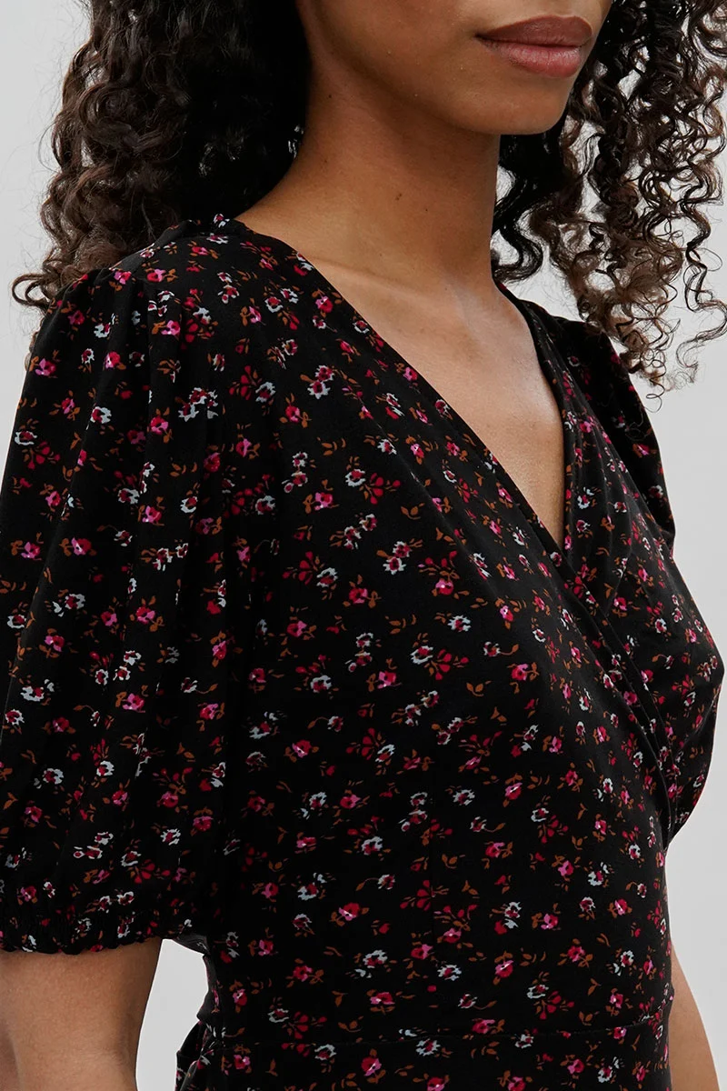 Floral Crossover Day Dress - Black - Image 4