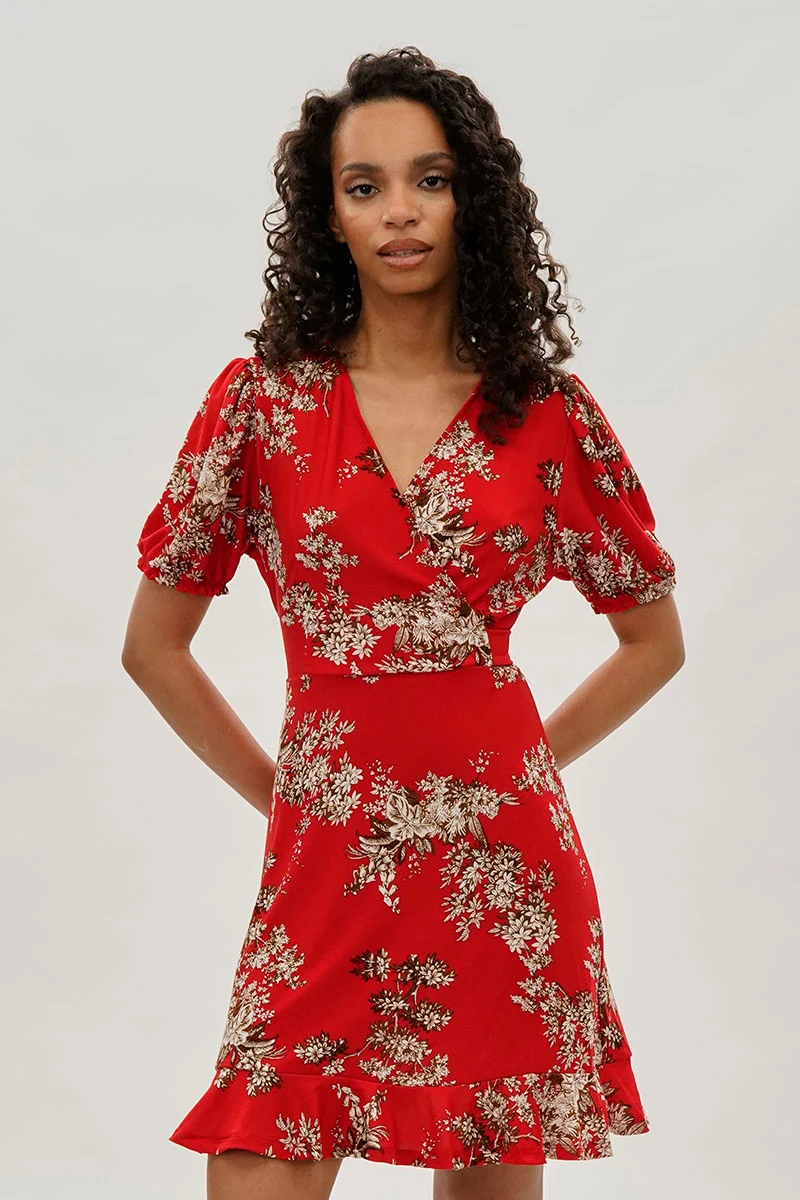 Floral Crossover Day Dress - Coral